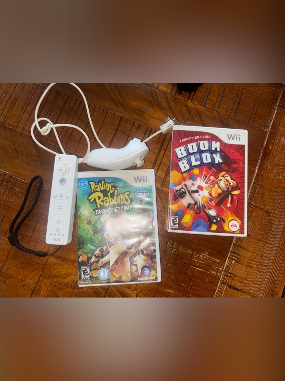 Nintendo White Wii Remote with Nunchuk + Rayman Raving Rabbids & Boom Blox